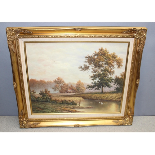 440G - An antique style oil on canvas of a pastoral scene, signed P. Wilson, approx 64cm x 54cm inc decorat... 