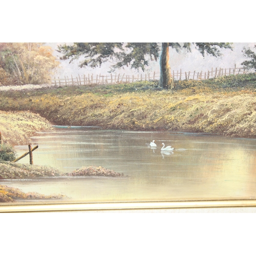 440G - An antique style oil on canvas of a pastoral scene, signed P. Wilson, approx 64cm x 54cm inc decorat... 