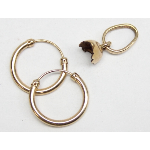 1120A - A pair of 9ct gold hoop earrings, and a small 9ct gold pendant mount, the earrings marked but both p... 