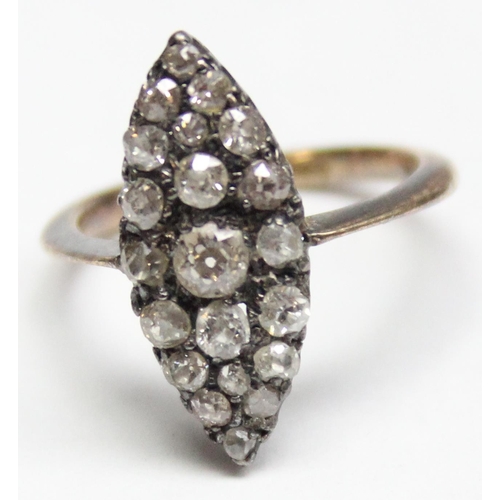 1120B - A 19th century diamond cluster navette ring, indistinctly marked to shank but XRF tests approx 15ct ... 