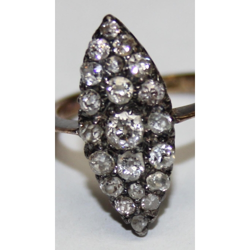 1120B - A 19th century diamond cluster navette ring, indistinctly marked to shank but XRF tests approx 15ct ... 