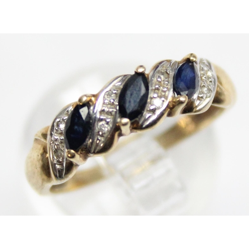 1140B - 9ct gold diamond and sapphire ring with woven setting, approx size P, approx 2.13g gross