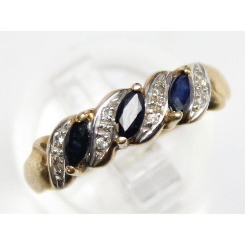 1140B - 9ct gold diamond and sapphire ring with woven setting, approx size P, approx 2.13g gross