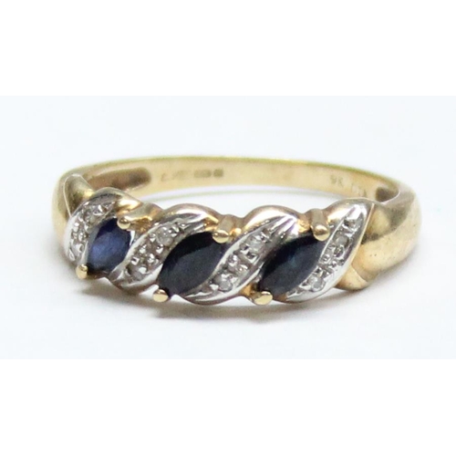 1140B - 9ct gold diamond and sapphire ring with woven setting, approx size P, approx 2.13g gross