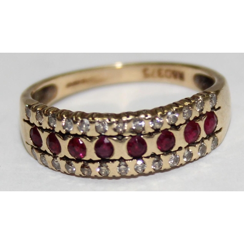 1140C - 9ct gold diamond and ruby half eternity ring, approx size N, approx 2.16g gross ,