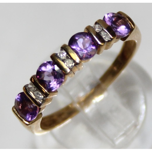 1140D - 9ct gold diamond and amethyst ring, marked 9k and XRF confirmed, approx size Q, approx 2.19g gross