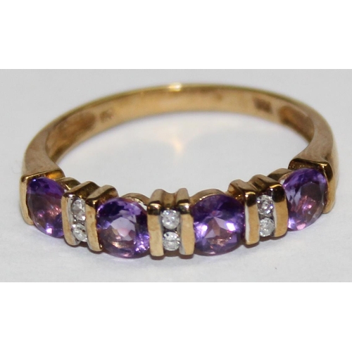 1140D - 9ct gold diamond and amethyst ring, marked 9k and XRF confirmed, approx size Q, approx 2.19g gross