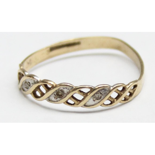 1140F - A vintage 9ct gold and diamond set ring with woven setting, marked and XRF confirmed, approx size R,... 