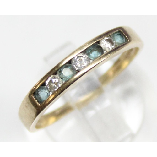 1140G - A retro style 9ct gold diamond and aquamarine ring, marked 9k and XRF confirmed, approx size Q, appr... 