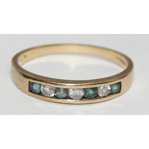 1140G - A retro style 9ct gold diamond and aquamarine ring, marked 9k and XRF confirmed, approx size Q, appr... 