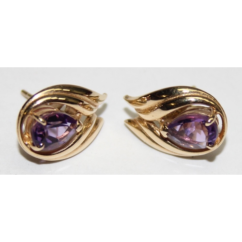 1140V - A pair of 9ct gold and amethyst earrings, marked and XRF confirmed, approx 15mm tall, approx 2.35g g... 