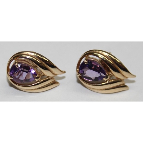 1140V - A pair of 9ct gold and amethyst earrings, marked and XRF confirmed, approx 15mm tall, approx 2.35g g... 