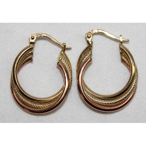 1140Z - A pair of 9ct gold round triple twisted creole hoop earrings, marked and XRF confirmed, approx 24mm ... 