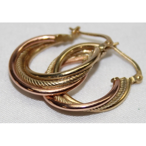 1140Z - A pair of 9ct gold round triple twisted creole hoop earrings, marked and XRF confirmed, approx 24mm ... 