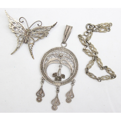 1160M - 4 pieces of silver filigree jewellery to inc a butterfly brooch, all pieces XRF confirmed