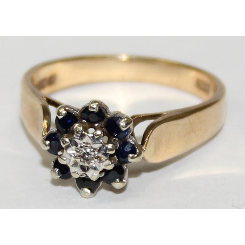 1160Y - A vintage 9ct gold, diamond and sapphire floral set ring, marked and XRF confirmed, approx size P, a... 