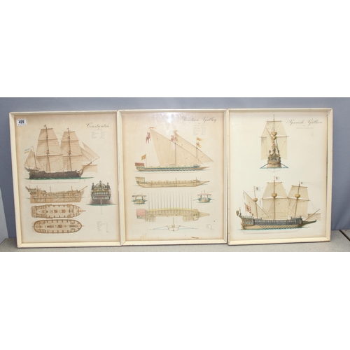 466 - Set of 3 vintage posters detailing shipping and deck plans for a Spanish Galleon, Venetian Galley an... 