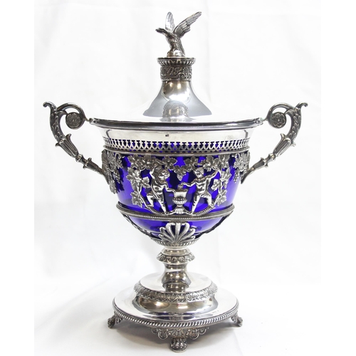 1001 - An interesting antique silver dish or table centrepiece with lid and blue glass liner, marked indist... 