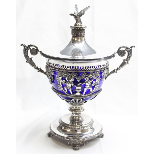 1001 - An interesting antique silver dish or table centrepiece with lid and blue glass liner, marked indist... 