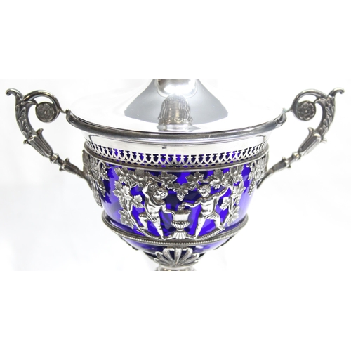 1001 - An interesting antique silver dish or table centrepiece with lid and blue glass liner, marked indist... 