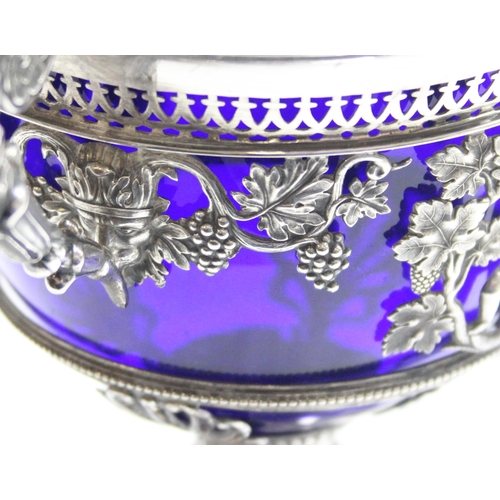 1001 - An interesting antique silver dish or table centrepiece with lid and blue glass liner, marked indist... 