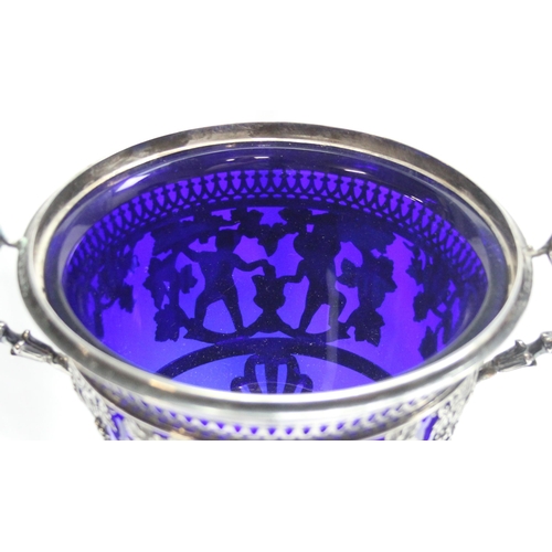 1001 - An interesting antique silver dish or table centrepiece with lid and blue glass liner, marked indist... 