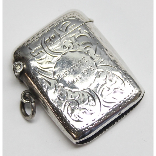 1006 - An antique silver vesta case with engraved decoration, Birmingham 1916 by Joseph Gloster Limited, ap... 