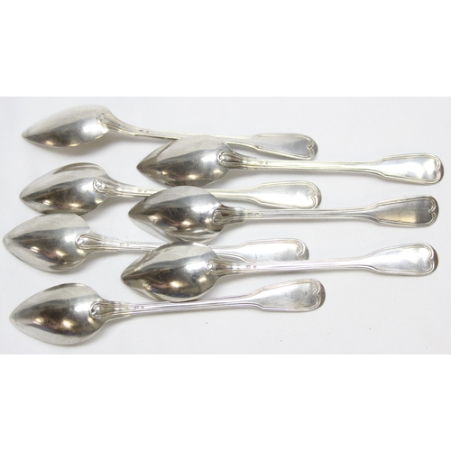 1032 - A set of 7 .800 silver teaspoons, unknown hallmarks but XRF testing approx 82% silver, each approx 1... 