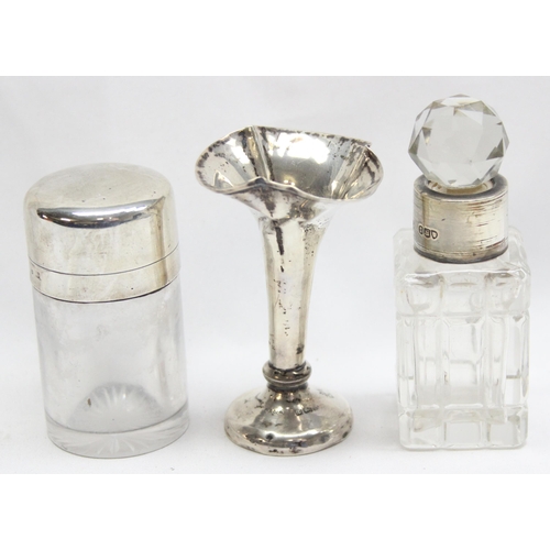 1046 - 2 silver topped and glass bottles, and a miniature silver trefoil vase, approx 7cm tall