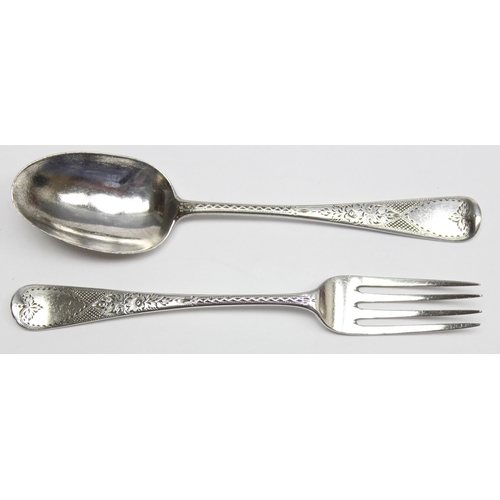 1049 - A boxed silver spoon and fork set with engraved decoration, London 1910 by Josiah Williams & Co (Geo... 