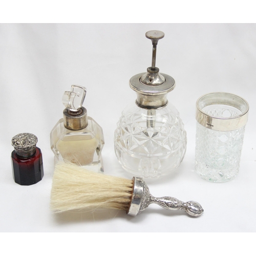 1057 - An antique silver mounted crumb brush, Birmingham 1902 and 4 silver mounted items to inc an atomiser... 