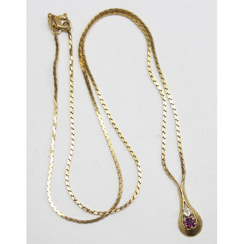 1110P - A vintage diamond and ruby set drop pendant with 9ct gold flat c-link chain, marked and XRF confirme... 