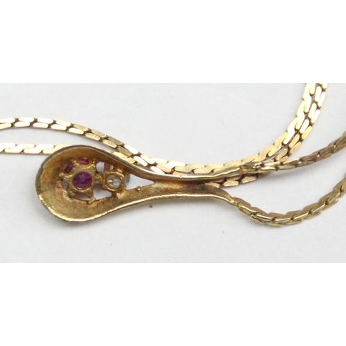 1110P - A vintage diamond and ruby set drop pendant with 9ct gold flat c-link chain, marked and XRF confirme... 