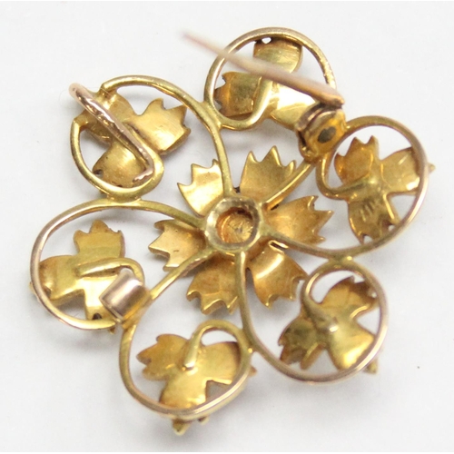 1110F - A vintage 15ct gold floral brooch set with seed pearls, seemingly unmarked but XRF tests as 15ct gol... 