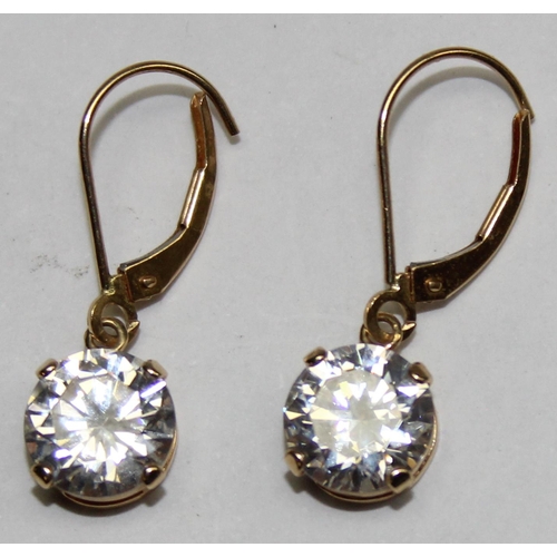 1110H - A pair of 14ct gold and white stone drop earrings, the stones approx 9mm in diameter, approx 3.04g g... 