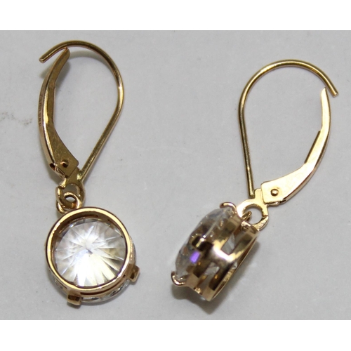 1110H - A pair of 14ct gold and white stone drop earrings, the stones approx 9mm in diameter, approx 3.04g g... 