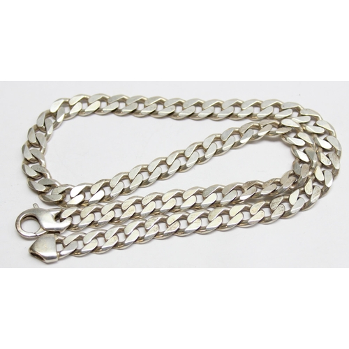 1190U - A long and heavy gauge flat silver kerb link chain necklace, approx 50cm long, marked and XRF confir... 