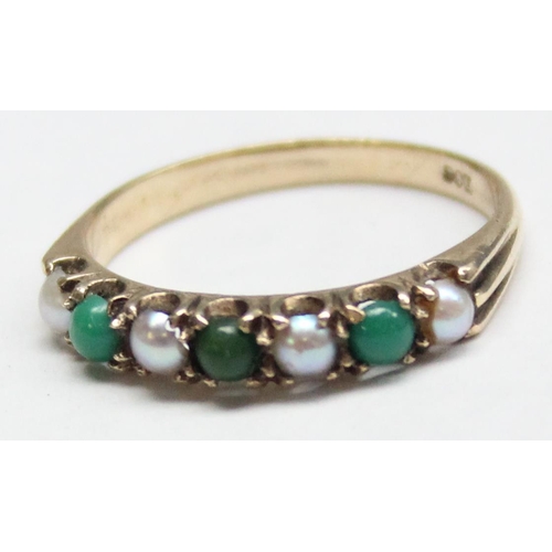 1194 - A vintage 9ct gold seed pearl and green stone ring, marked 9ct and XRF confirmed, approx size M, app... 