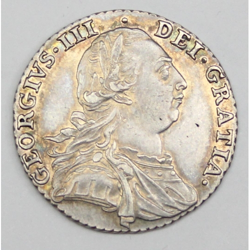 1201 - George III 1787 silver shilling coin, extremely high grade, possibly proof finish, approx 6g gross