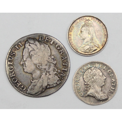 1203 - 3 antique silver coins to include a 1747 George II silver shilling, a 1762 Maundy 3d coin and an 188... 