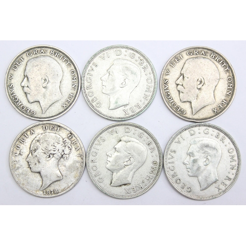 1229 - 6 assorted full and half silver British half crown coins, 1878, 1921, 1922, 1938, 1940 & 1943, some ... 