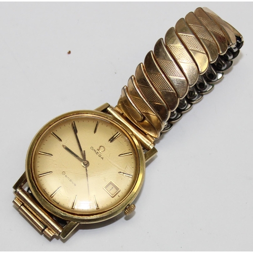 1342 - A vintage Omega Geneve gents watch in gold plated case with gold plated expanding Montal strap, the ... 