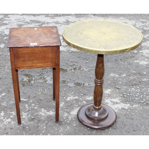 163 - A vintage oak sewing box and a brass topped side table, table approx 45cm wide x 45cm deep x 62cm ta... 