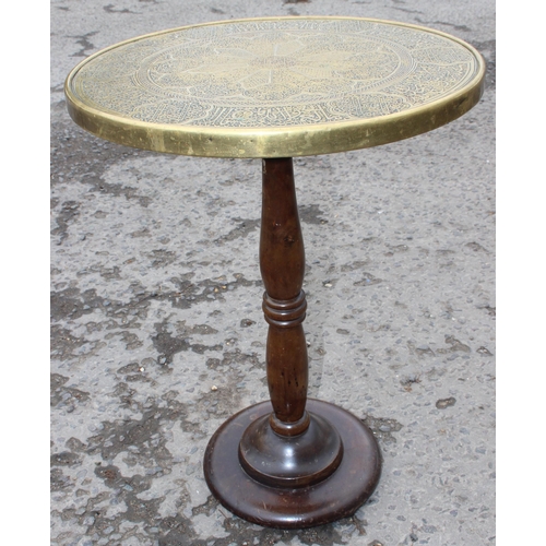 163 - A vintage oak sewing box and a brass topped side table, table approx 45cm wide x 45cm deep x 62cm ta... 