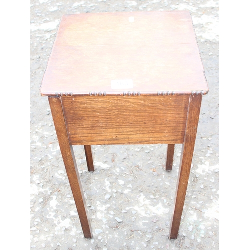 163 - A vintage oak sewing box and a brass topped side table, table approx 45cm wide x 45cm deep x 62cm ta... 