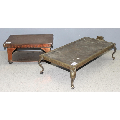 1863 - 2 antique copper plate warming stands, the largest approx 57cm x 30cm x 18cm