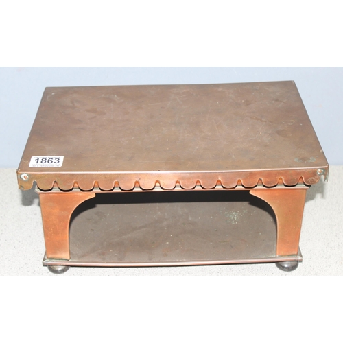 1863 - 2 antique copper plate warming stands, the largest approx 57cm x 30cm x 18cm