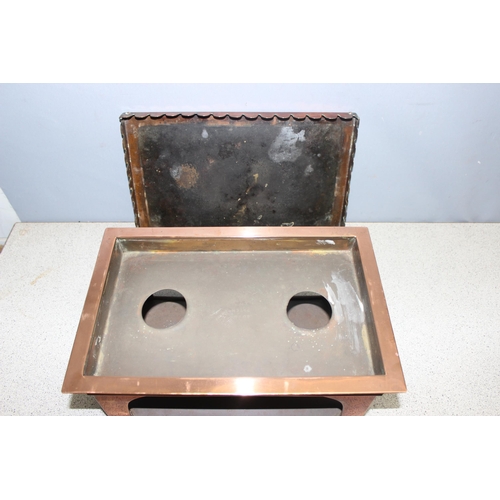 1863 - 2 antique copper plate warming stands, the largest approx 57cm x 30cm x 18cm