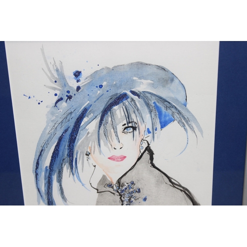 440Q - Jax (XX-XXI), mixed media artwork depicting a lady with Royal Ascot hat and cape, signed lower right... 