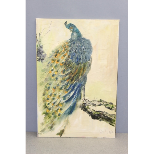 440R - A large retro 1980's oil on canvas depicting a peacock, signed Paul and dated 1980, unframed, approx... 